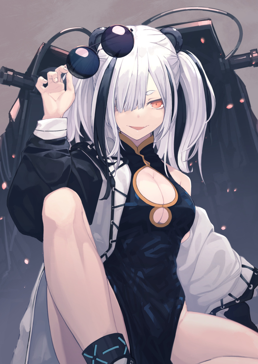 1girl ab_(cat921) absurdres animal_ears arknights arm_up black_dress black_hair black_jacket chinese_clothes cleavage_cutout clothing_cutout dress fang feater_(arknights) grey_background hair_over_one_eye highres infection_monitor_(arknights) jacket looking_at_viewer mechanical_arms medium_hair multicolored_clothes multicolored_hair multicolored_jacket off_shoulder open_clothes open_jacket open_mouth orange_eyes panda_ears panda_girl pelvic_curtain short_twintails sidelocks simple_background single_bare_shoulder skin_fang streaked_hair sunglasses twintails two-tone_jacket unworn_eyewear white_hair white_jacket