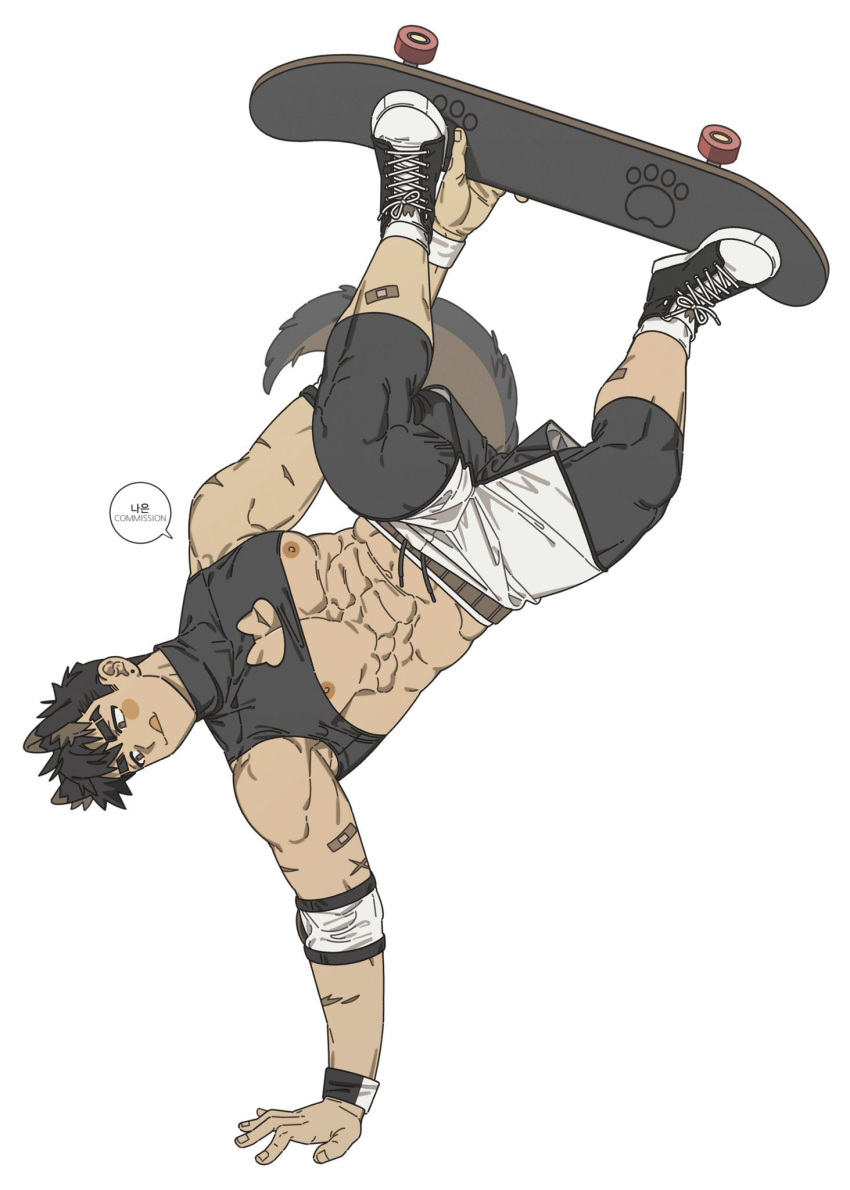 1boy abs animal_ears armband bandaid bandaid_on_arm bandaid_on_leg bara bare_pectorals black_hair blush cleavage_cutout clothing_cutout commission crop_top dark-skinned_male dark_skin dog_boy dog_ears dog_tail earrings eyebrow_cut full_body handstand highres jewelry large_pectorals leggings_under_shorts male_focus maru_(pherd) mature_male muscular muscular_male na-eun_(ejdbvaaqup08jfy) nipples one_arm_handstand original pectorals scar scar_on_arm short_hair shorts simple_background skateboard skating solo speech_bubble stud_earrings tail tongue tongue_out top-down_bottom-up upside-down white_background wristband