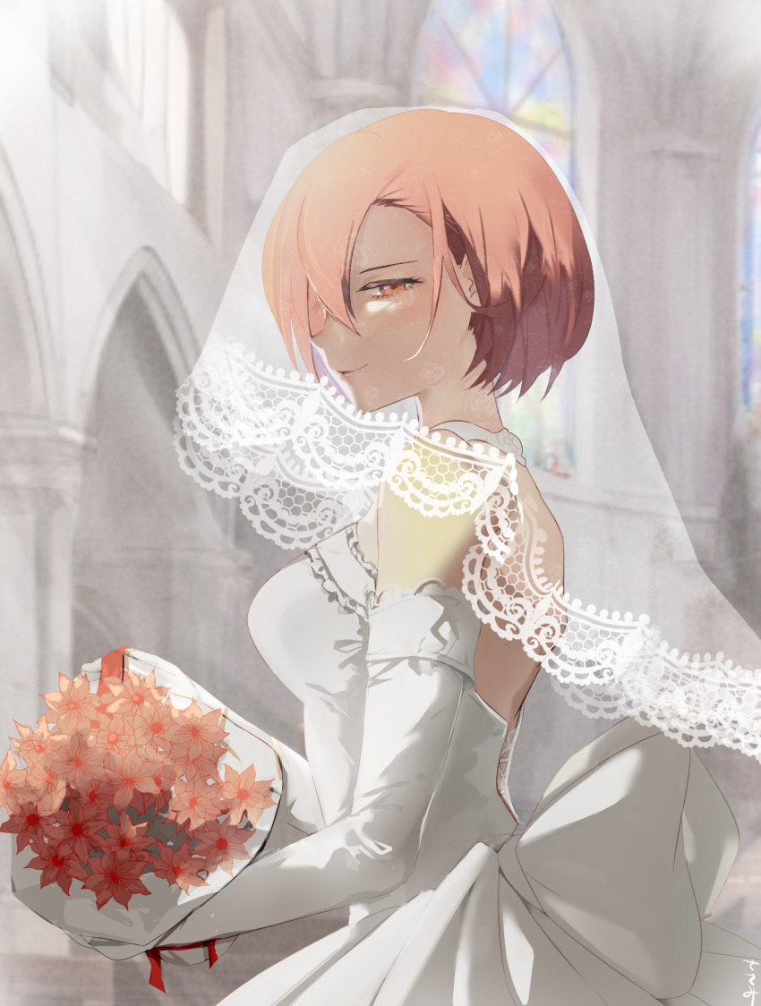 1girl backless_dress backless_outfit blush bouquet bridal_gauntlets bridal_veil brown_eyes brown_hair church commentary_request dress elbow_gloves flower from_side gloves hair_between_eyes highres holding holding_bouquet indoors lace_trim looking_at_viewer meiko_(vocaloid) profile red_flower short_hair smile solo torino_sasami upper_body veil vocaloid wedding wedding_dress white_dress white_gloves white_theme