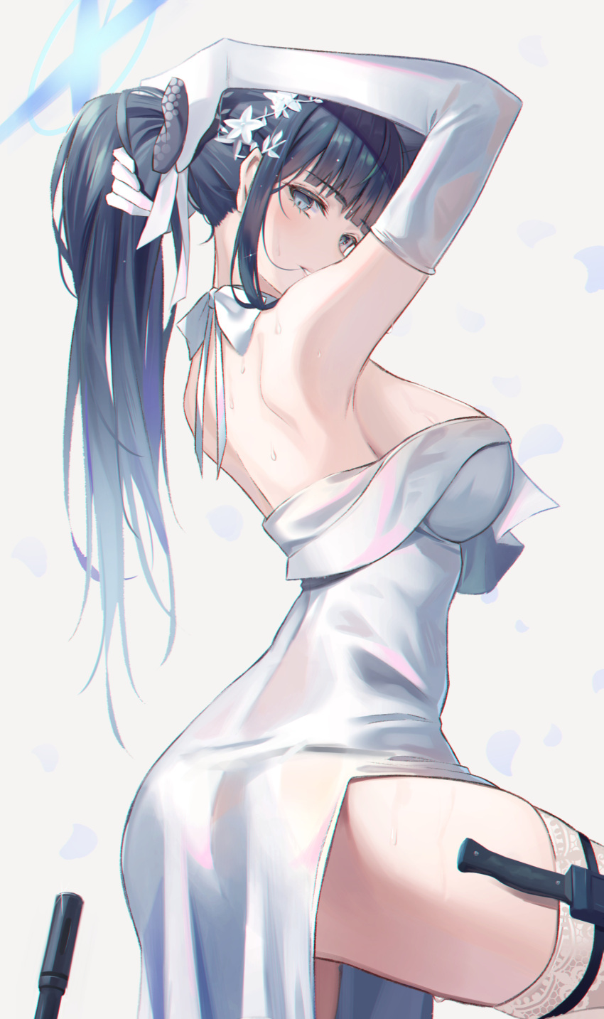 1girl absurdres adjusting_hair arm_up bare_shoulders black_hair blue_archive blue_halo breasts commentary_request dress from_behind hair_ornament halo highres holster hyonee knife_sheath large_breasts long_hair looking_at_viewer looking_back official_alternate_costume official_alternate_hairstyle ponytail saori_(blue_archive) saori_(dress)_(blue_archive) sheath side_slit sideboob simple_background solo thigh_holster white_background white_dress