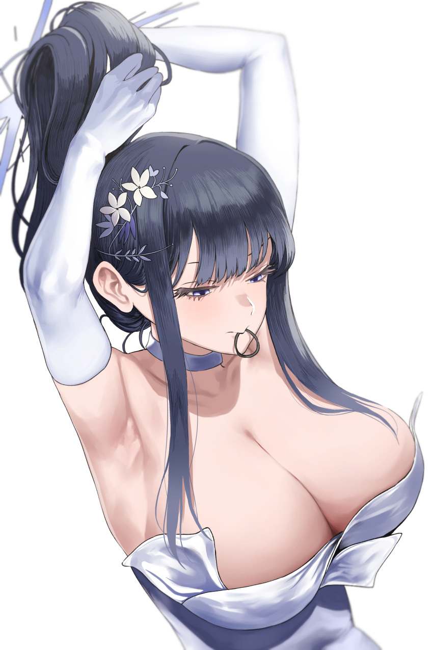 1girl absurdres adjusting_hair armpits black_hair blue_archive blue_eyes blue_halo blush breasts choker chroong cleavage closed_mouth dress earrings elbow_gloves gloves halo highres jewelry large_breasts long_hair mouth_hold official_alternate_costume saori_(blue_archive) saori_(dress)_(blue_archive) simple_background solo strapless strapless_dress upper_body white_background white_choker white_dress white_gloves