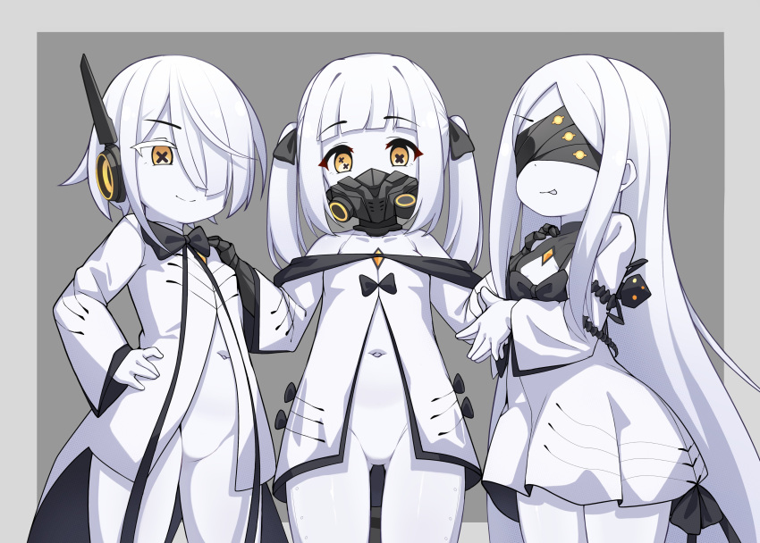 3girls absurdres black_mask black_tail blindfold blue_archive coat colored_skin ein_(blue_archive) extra_pupils grey_background highres light_smile looking_at_viewer luxuriou_s mechanical_hands mechanical_tail multiple_girls no_pants ohr_(blue_archive) respirator simple_background sof_(blue_archive) standing symbol-shaped_pupils tail upper_body white_coat white_skin white_tongue x-shaped_pupils