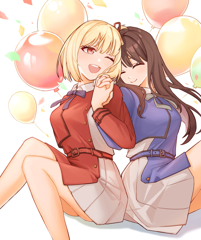 2girls back-to-back balloon belt black_hair blonde_hair blue_bow blue_bowtie blush bow bowtie closed_eyes commentary_request confetti dawn_(artist) eyelashes feet_out_of_frame grey_bow grey_bowtie happy highres holding_hands inoue_takina knees_up long_hair looking_at_another lycoris_recoil lycoris_uniform multiple_girls nishikigi_chisato one_eye_closed open_mouth pleated_skirt red_eyes short_hair sitting skirt smile uniform yuri