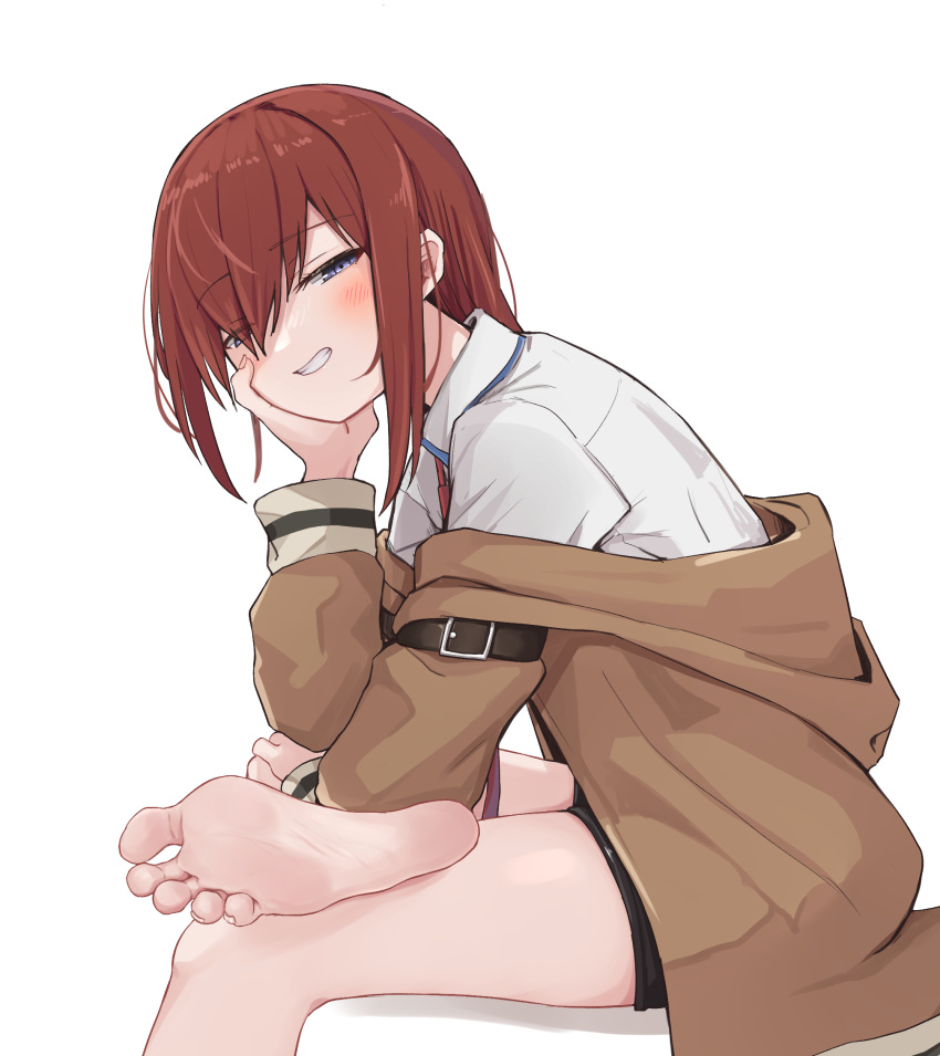 1girl bare_legs barefoot belt black_shorts blush brown_belt brown_jacket collared_shirt eyelashes feet foot_focus foot_out_of_frame from_side grin hair_between_eyes hair_over_one_eye half-closed_eyes hand_up head_rest highres hood hood_down hooded_jacket invisible_chair jacket kahlua_(artist) leaning_forward legs long_hair long_sleeves looking_at_viewer makise_kurisu necktie no_legwear off_shoulder open_clothes open_jacket presenting_foot purple_eyes red_hair red_necktie shirt short_shorts shorts sidelocks simple_background sitting smile soles solo steins;gate teeth toenails toes white_background white_shirt