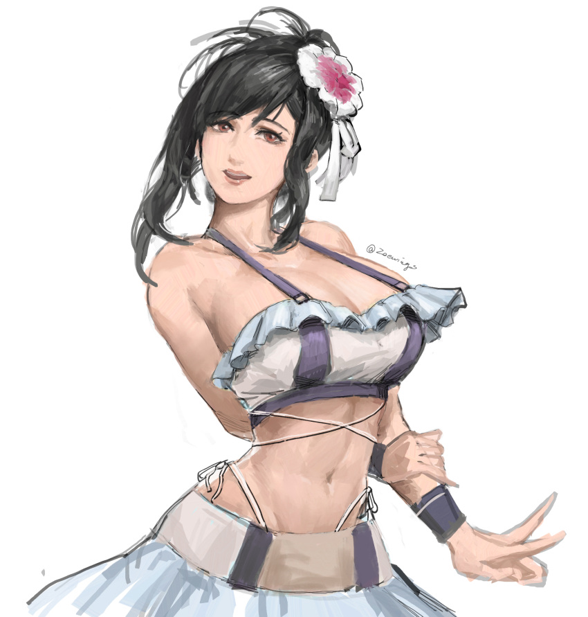 1girl bikini black_hair breasts brown_eyes cleavage final_fantasy final_fantasy_vii final_fantasy_vii_rebirth final_fantasy_vii_remake flower frilled_bikini frills hair_flower hair_ornament highres large_breasts looking_at_viewer narrow_waist navel official_alternate_costume official_alternate_hairstyle open_mouth simple_background smile solo swimsuit thong_bikini tifa_lockhart white_background zoewingsz