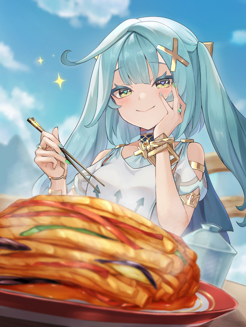 1girl aqua_hair blue_nails blue_sky blurry clothing_cutout commentary_request depth_of_field dress faruzan_(genshin_impact) food fork genshin_impact green_eyes green_nails hair_ornament hand_on_own_cheek hand_on_own_face highres holding holding_fork long_hair looking_at_food outdoors shoulder_cutout sky solo triangle-shaped_pupils twintails ura_(hamburg_oniku) white_dress wristlet x_hair_ornament