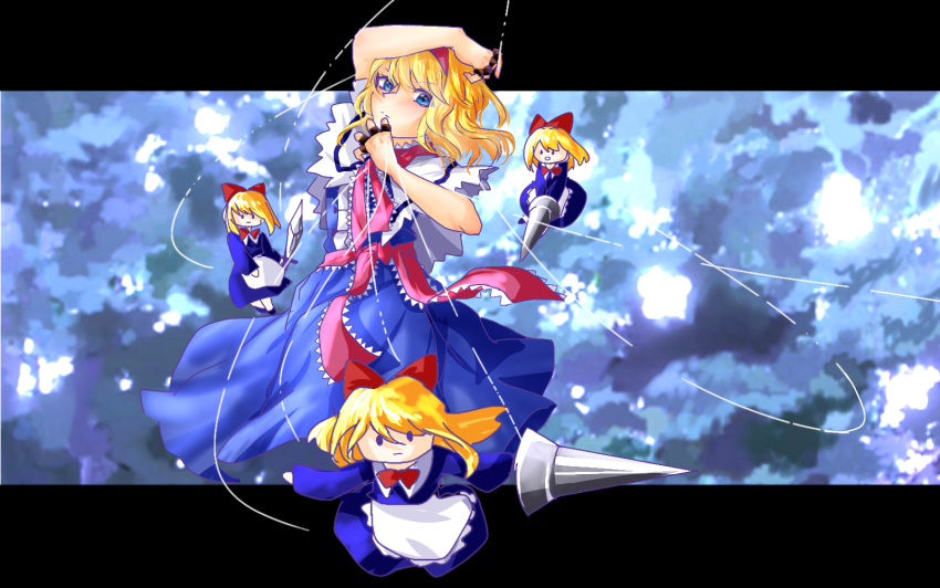 1girl abstract_background alice_margatroid black_border blonde_hair blue_eyes border frills highres medium_hair puppet puppet_strings red_ribbon ribbon shee_take solo touhou