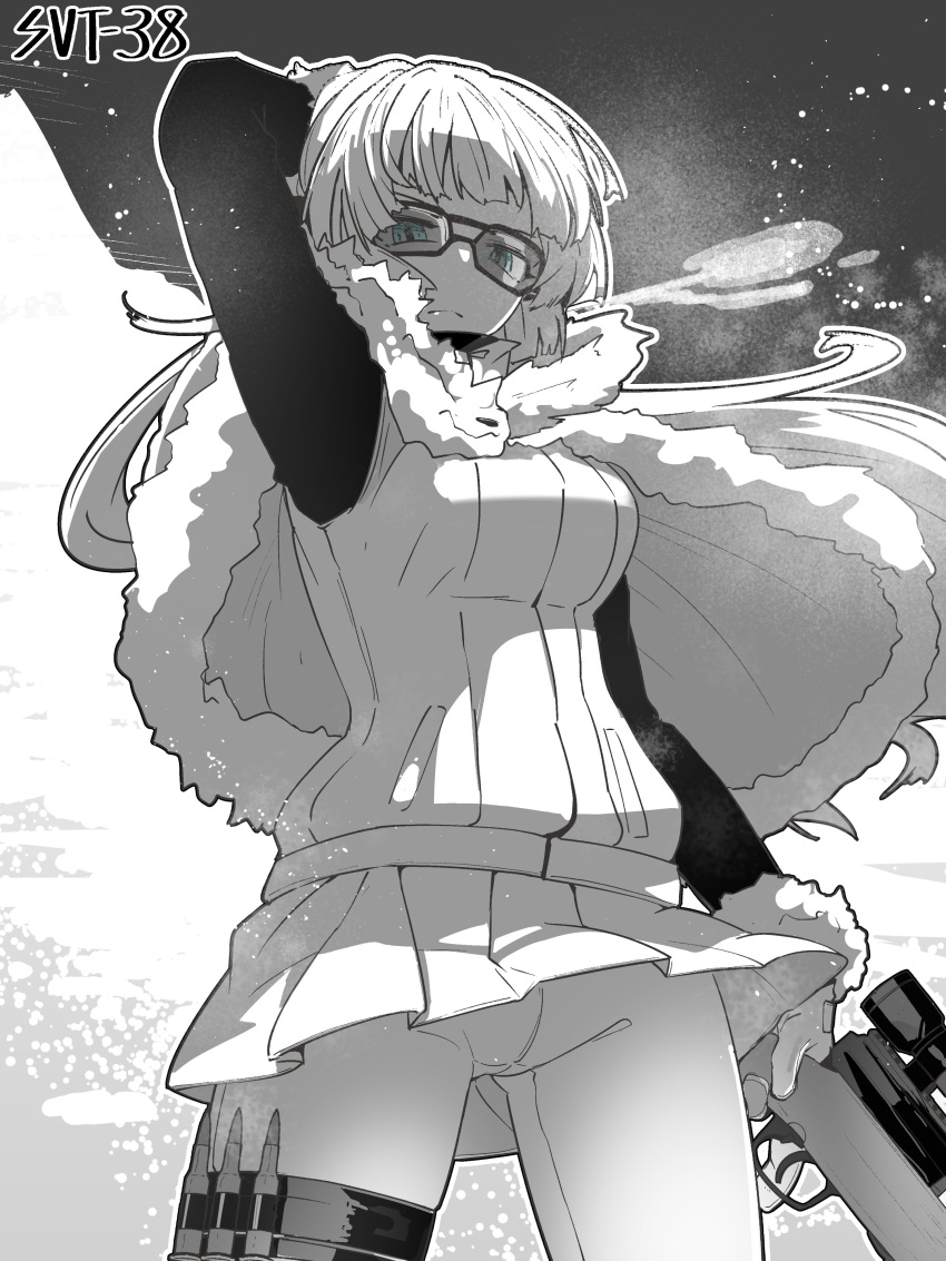 1girl absurdres blue_eyes breasts capelet character_name cowboy_shot frown fur-trimmed_capelet fur_trim girls'_frontline glasses gun highres holding holding_gun holding_weapon long_hair looking_at_viewer minami_shin_(zenshuu_bougyo) monochrome pants pleated_skirt rifle rifle_cartridge skirt solo spot_color svt-38 svt-38_(girls'_frontline) trigger_discipline weapon