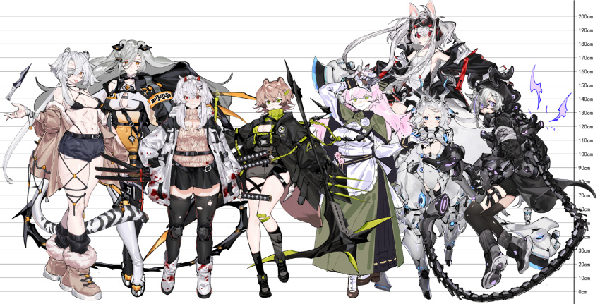 6+girls :o :p abs android animal_ear_fluff animal_ears ankle_socks apron arm_on_own_head armband asymmetrical_footwear back_bow bandage_over_one_eye bandaged_arm bandages bandaid bandaid_on_knee bandaid_on_leg bare_shoulders belt belt_buckle black-framed_eyewear black_belt black_bow black_collar black_dress black_footwear black_headphones black_horns black_jacket black_ribbon black_shorts black_skirt black_sleeves black_socks black_thighhighs black_wrist_cuffs blood blood_on_clothes blue_eyes boots bow bracelet braid breasts brown_footwear brown_hair brown_jacket brown_sleeves brown_sweater buckle buttons center_opening check_copyright chest_belt cleavage_cutout cloak closed_mouth clothing_cutout coat collar collared_cloak colored_skin commentary copyright_request criss-cross_straps crossed_legs dagger demon_horns demon_tail denim denim_shorts dress empty_eyes expressionless floating_hair flower flower_brooch fox_ears frilled_apron frills full_body fur-trimmed_boots fur-trimmed_jacket fur_trim glasses gloves gradient_horns gradient_skin green_cloak green_eyes green_sweater grey_hair grey_leotard grin gun hair_ornament hairclip hand_in_pocket handgun height_chart highres holding holding_gun holding_weapon hood hood_down hooded_coat horns ierotak jacket jacket_lift jacket_partially_removed jewelry knee_pads knife large_breasts layered_dress leopard_ears leopard_tail leotard leotard_under_clothes light_frown long_hair long_sleeves looking_at_viewer low_twintails mechanical_arms mechanical_legs mechanical_tail medium_breasts microskirt mismatched_footwear mole mole_under_eye multicolored_hair multicolored_horns multiple_belts multiple_girls navel necklace open_clothes open_coat open_jacket orange_eyes orange_skin original outstretched_hand over-kneehighs parted_lips pink_hair pleated_skirt puffy_long_sleeves puffy_sleeves pump purple_jacket raccoon_ears raccoon_tail red_eyes red_horns ribbon ribbon-trimmed_dress rose shirt shoes short_hair short_hair_with_long_locks shorts side_slit sideboob single_braid skirt small_horns smile smirk sneakers socks stomach straight-on streaked_hair sweater symbol-only_commentary tail tank_top telekinesis thigh_belt thigh_boots thigh_strap thighhighs tongue tongue_out torn_clothes torn_thighhighs turtleneck turtleneck_sweater twintails v-shaped_eyebrows very_long_hair waist_ribbon weapon white_apron white_armband white_bow white_coat white_flower white_footwear white_gloves white_hair white_horns white_rose white_shirt white_shorts white_sleeves white_socks white_tank_top wrist_cuffs zettai_ryouiki