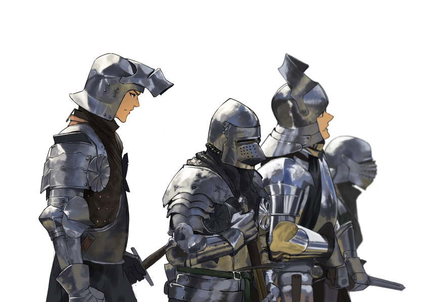 2boys 2others absurdres ambiguous_gender armor belt black_eyes closed_mouth commentary couter english_commentary faulds from_side full_armor gauntlets green_belt helm helmet highres holding holding_sword holding_weapon looking_ahead multiple_boys multiple_others original parted_lips pauldrons plate_armor profile rerebrace rondel sheath sheathed shoulder_armor simple_background sword tbocart teeth upper_body weapon white_background