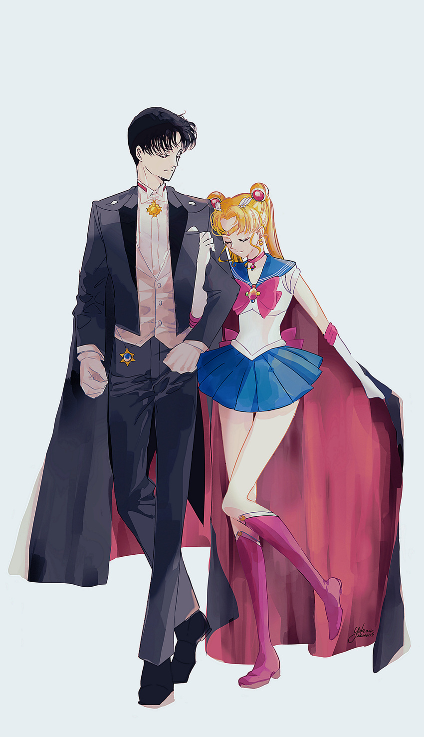 absurdres bishoujo_senshi_sailor_moon black_hair blonde_hair blue_skirt boots cape chiba_mamoru closed_eyes couple formal full_body gloves highres light_smile magical_girl red_footwear sailor_moon skirt tsukino_usagi tuxedo_kamen white_gloves yukinami_(paru26i)