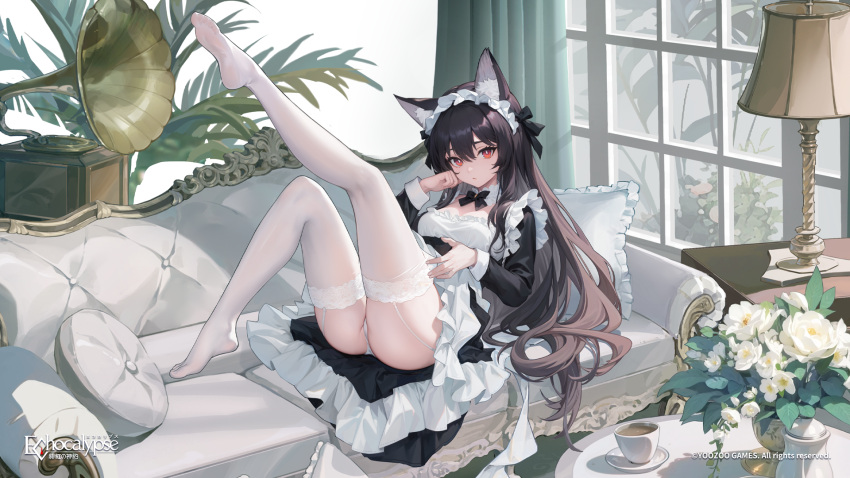 1girl animal_ear_fluff animal_ears apron artist_request ass black_bow black_bowtie black_dress black_hair black_ribbon bow bowtie breasts bright_pupils brown_eyes copyright_notice couch cup dress echocalypse feet flower frilled_apron frilled_dress frills garter_straps hair_ribbon highres lamp logo long_hair lyra_(echocalypse) maid maid_apron maid_headdress official_art on_couch panties pillow plant ribbon rose solo tea teacup thighhighs underwear white_apron white_flower white_garter_straps white_panties white_pupils white_rose white_thighhighs window