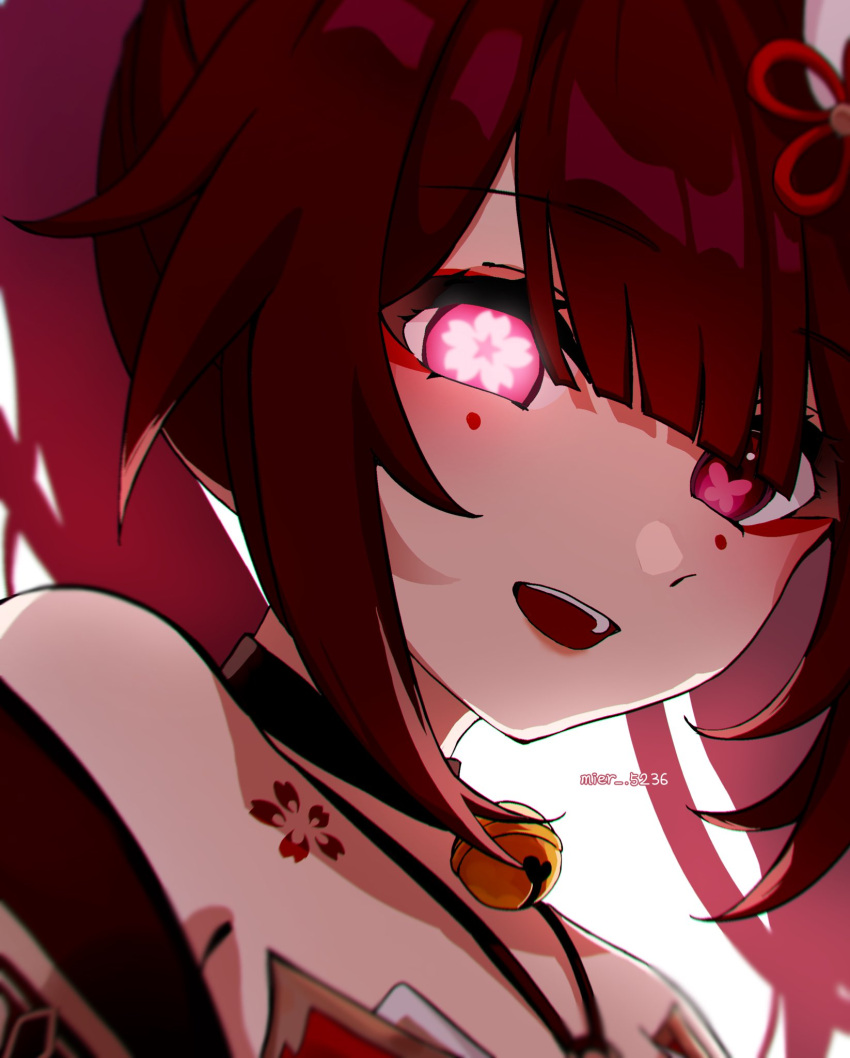 1girl :d bare_shoulders bell black_choker brown_hair chest_tattoo choker close-up criss-cross_halter flower-shaped_pupils flower_knot flower_tattoo gannai_0126 glowing glowing_eye hair_between_eyes halterneck highres honkai:_star_rail honkai_(series) long_hair looking_at_viewer neck_bell open_mouth pink_eyes portrait sidelocks simple_background smile solo sparkle_(honkai:_star_rail) symbol-shaped_pupils tattoo teeth twintails twitter_username upper_teeth_only white_background