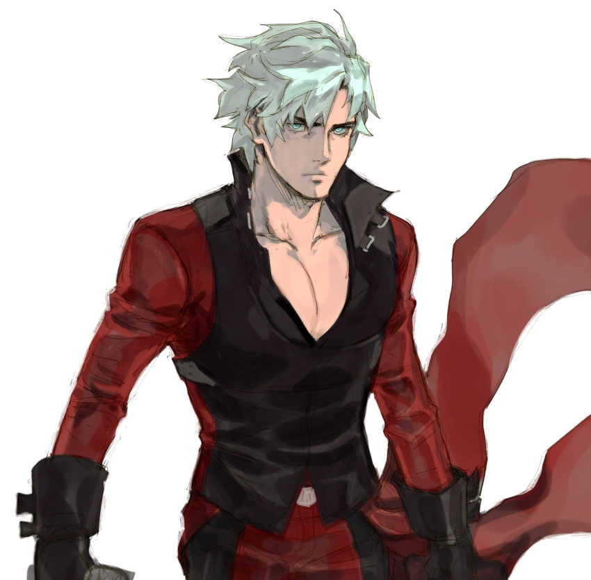 1boy belt black_gloves blue_eyes dante_(devil_may_cry) devil_may_cry_(series) devil_may_cry_2 gloves highres long_sleeves male_focus red_sleeves simple_background solo tirtyturtle white_hair