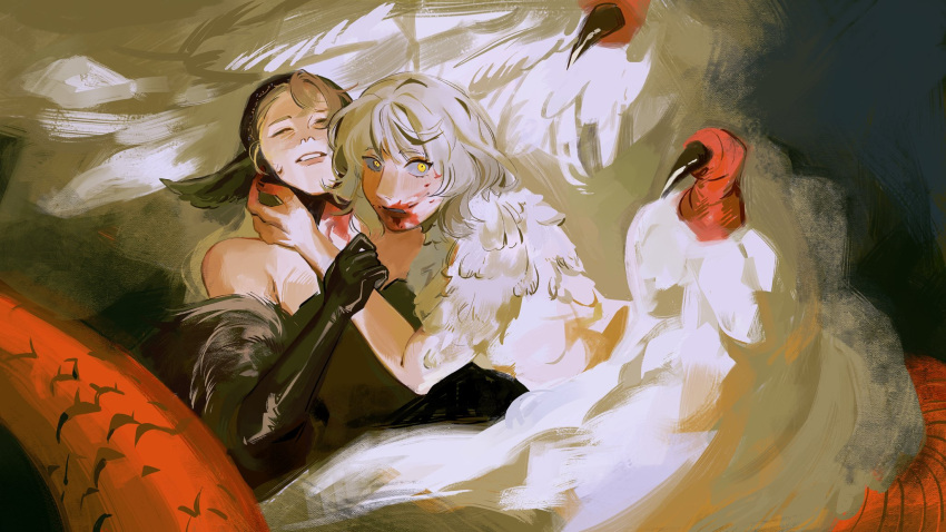2girls bare_shoulders black_gloves blonde_hair blood blood_on_face chimera closed_eyes completely_nude constricted_pupils dragon_tail dungeon_meshi elbow_gloves falin_thorden falin_thorden_(chimera) feathers gloves hand_on_another's_head highres long_hair marcille_donato marcille_donato_(dungeon_lord) monster_girl multiple_girls nude official_alternate_costume short_hair sleeveless spoilers sweatdrop tail white_feathers wide-eyed yellow_eyes yoohkei