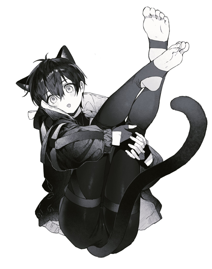 1boy animal_ears blue_lock cameltoe cat_boy cat_ears cat_tail fingerless_gloves full_body gloves greyscale haiiro_(frabilovelove) highres holding_own_leg isagi_yoichi jacket leggings legs_up looking_at_viewer male_focus male_futanari monochrome open_mouth otoko_no_ko shiny_clothes short_hair soles solo tail thigh_strap tight_clothes toes white_background