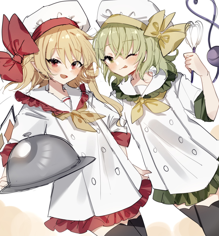 2girls ascot blonde_hair chef_hat cowboy_shot flandre_scarlet flat_chest green_eyes green_hair hat hat_ribbon highres komeiji_koishi medium_hair multiple_girls one_eye_closed open_mouth red_eyes red_ribbon ribbon side_ponytail sorani_(kaeru0768) tongue tongue_out touhou whisk yellow_ascot yellow_ribbon