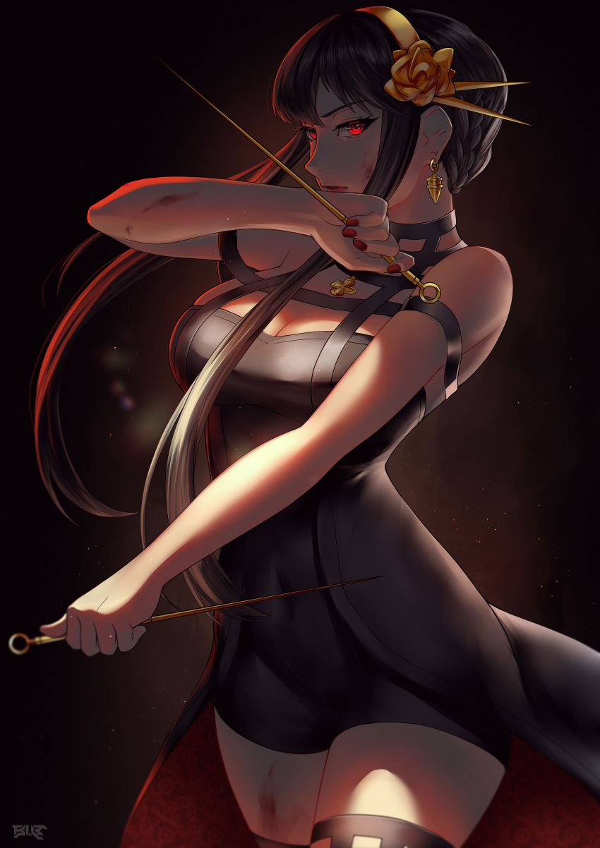 1girl absurdres bare_shoulders black_dress black_hair blood blood_stain blueriest braid breasts dagger dress earrings flower gold_necklace hair_flower hair_ornament highres holding holding_dagger holding_knife holding_weapon jewelry knife large_breasts long_hair necklace red_eyes side_braid spy_x_family stiletto_(weapon) weapon yor_briar