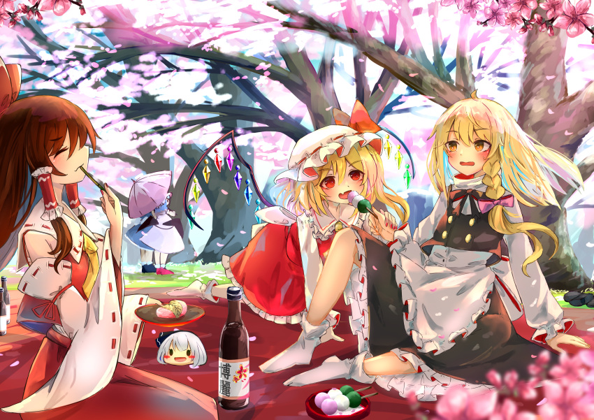 6+girls absurdres alcohol apron blonde_hair braid cherry_blossoms closed_mouth crystal_wings dango dress eating flandre_scarlet food full_body hakurei_reimu hat highres izayoi_sakuya kirisame_marisa konpaku_youmu maid_apron medium_hair mob_cap multiple_girls picnic red_dress red_eyes remilia_scarlet semisigule short_hair sitting touhou umbrella wagashi wine yellow_eyes