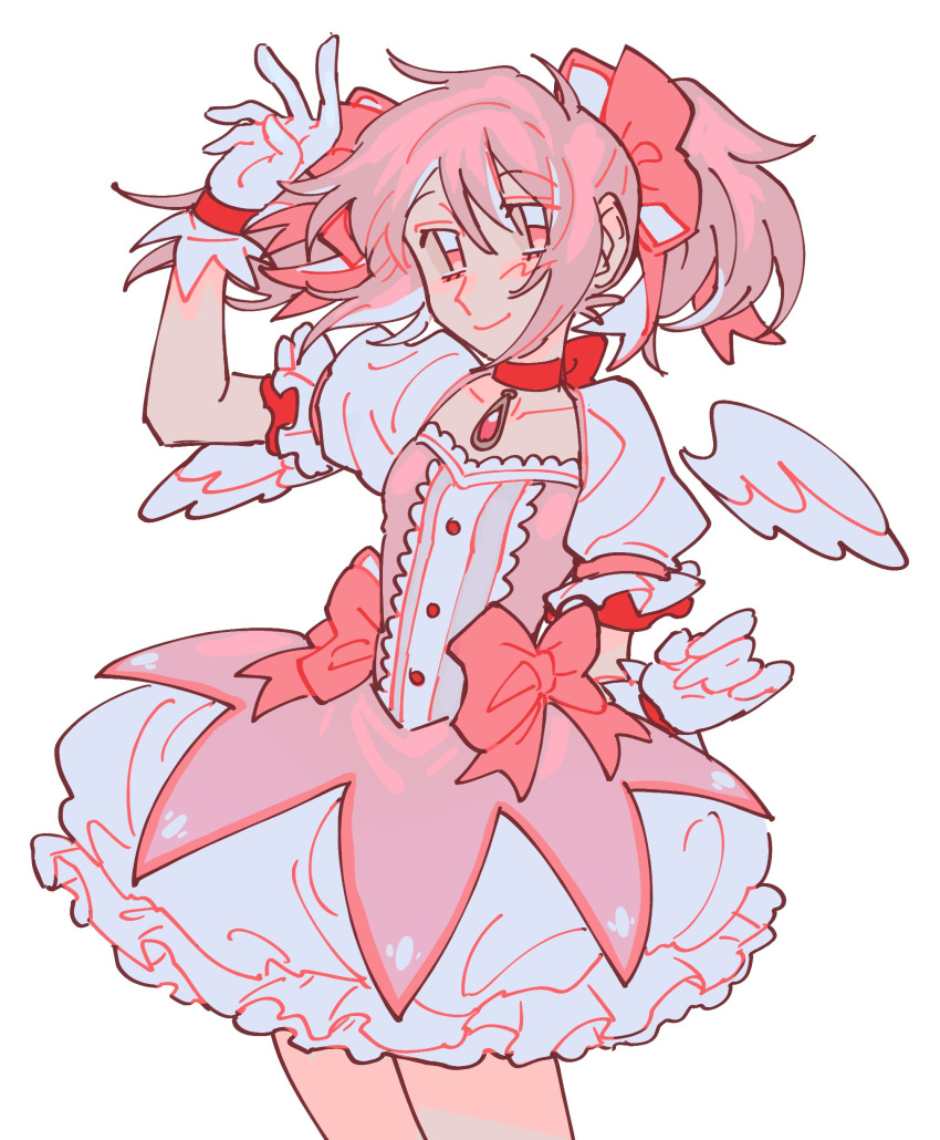 1girl absurdres arm_up bow choker collarbone commentary detached_wings dress dress_bow english_commentary frilled_dress frills gloves goomyloid hair_bow highres kaname_madoka looking_at_viewer magical_girl mahou_shoujo_madoka_magica mahou_shoujo_madoka_magica_(anime) pink_bow pink_eyes pink_hair puffy_short_sleeves puffy_sleeves red_choker short_sleeves simple_background smile solo soul_gem standing twintails white_background white_gloves wings