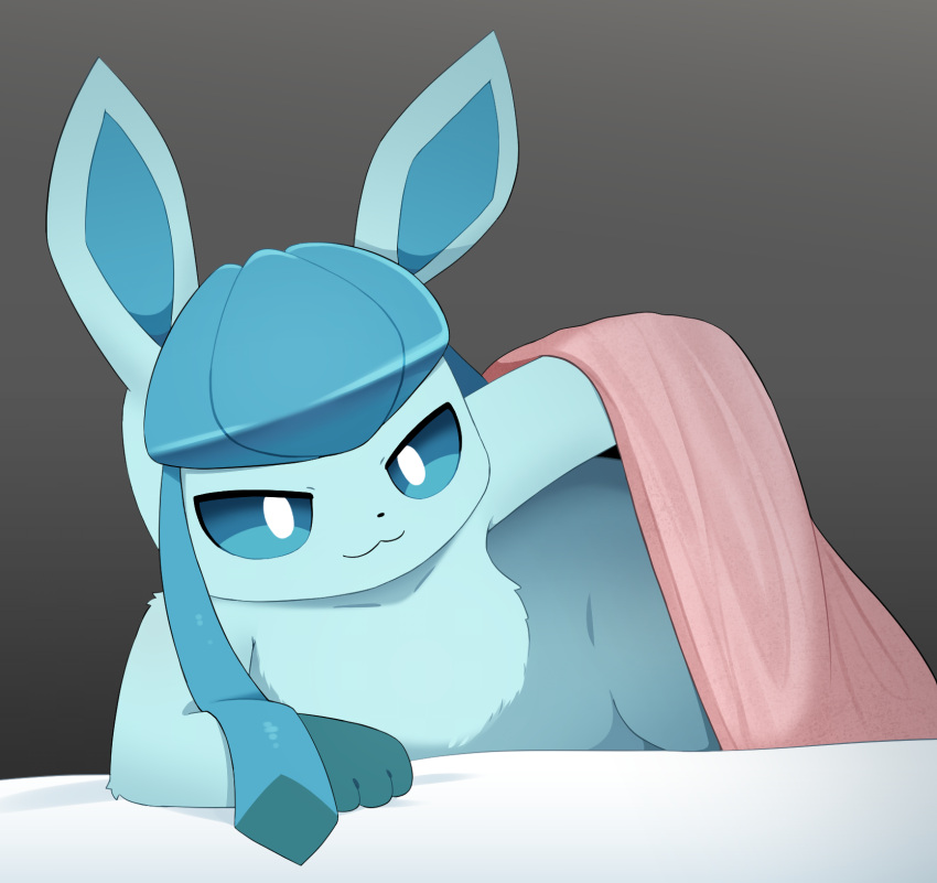 2024 :3 ambiguous_gender anthro bedding black_nose blanket blue_arms blue_body blue_ears blue_fur blue_inner_ear colored eeveelution fur generation_4_pokemon glaceon gradient_background hi_res inviting looking_at_viewer nintendo nude paws pokemon pokemon_(species) shaded simple_background solo sum