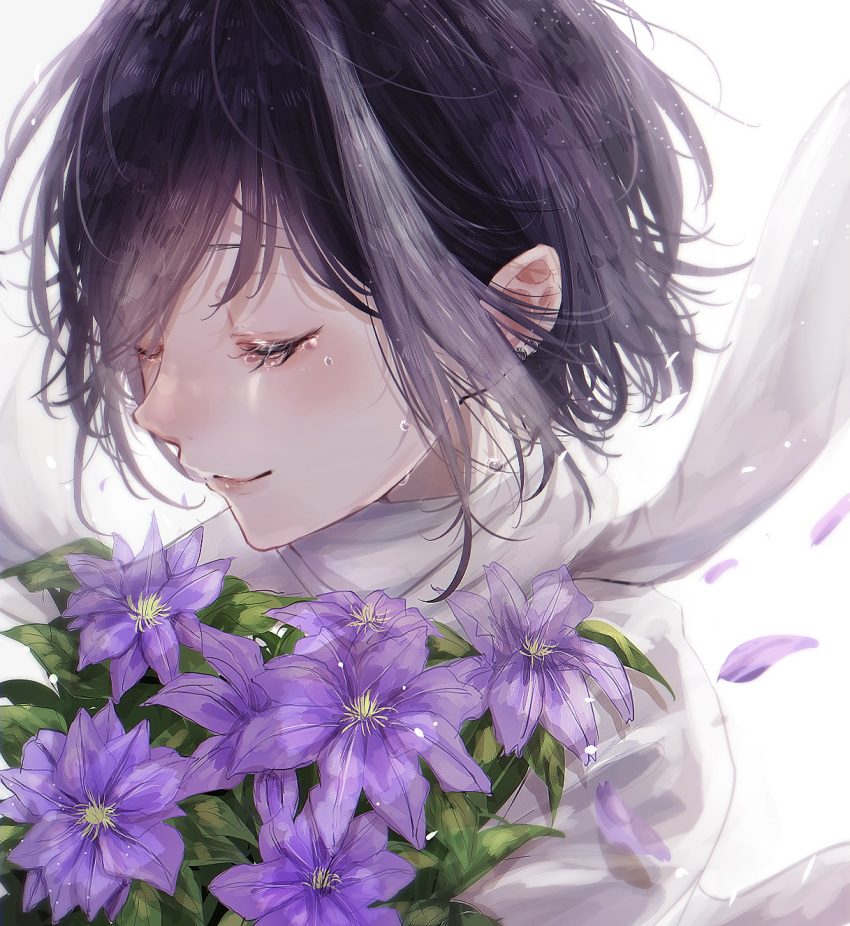 1girl black_hair bouquet closed_eyes closed_mouth crying ear_piercing eyelashes flower highres holding mole mole_under_eye multicolored_hair original petals piercing purple_flower purple_hair sameukiwa scarf short_hair simple_background smile solo streaked_hair tears upper_body white_background