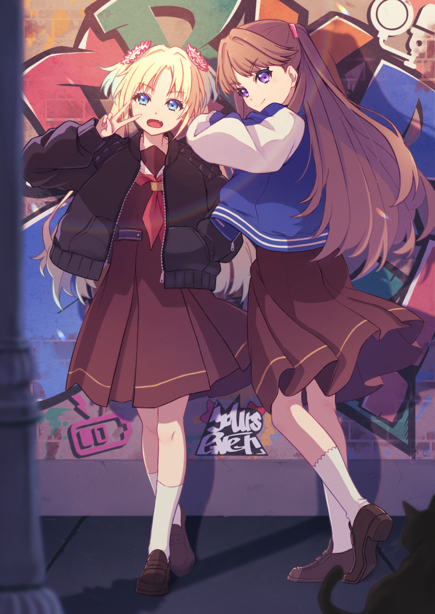 2girls against_wall blonde_hair blue_eyes blue_hair brown_hair brown_serafuku commentary_request facing_viewer fang from_side fujishima_megumi graffiti hand_in_pocket hasu_no_sora_school_uniform highres jacket lamppost link!_like!_love_live! loafers long_hair long_sleeves love_live! macken mira-cra_park! multicolored_hair multiple_girls neckerchief open_clothes open_jacket open_mouth osawa_rurino parted_bangs purple-tinted_eyewear purple_eyes red_neckerchief round_eyewear school_uniform serafuku shadow shoes side-by-side sidelocks skin_fang socks standing standing_on_one_leg sunglasses tinted_eyewear twintails two-tone_hair two_side_up v white_socks winter_uniform zipper