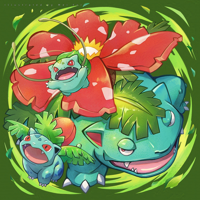 all_fours artist_name blue_skin bulbasaur colored_skin commentary evolutionary_line fangs flower green_theme highres ivysaur leaf mei_ford plant pokemon pokemon_(creature) red_eyes venusaur vines