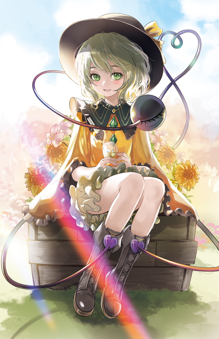 1girl black_hat cup drinking_glass flower green_eyes green_hair green_skirt highres holding holding_cup jacket komeiji_koishi l.f. lens_flare looking_at_viewer short_hair sitting skirt smile solo sunflower touhou white_flower yellow_flower yellow_jacket