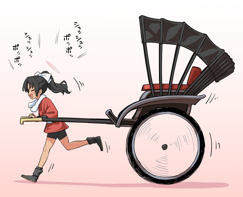 1girl bike_shorts black_hair blue_archive closed_eyes from_side highres itou_yuuji open_mouth ponytail rickshaw rickshaw_student_(blue_archive) running smile solo towel towel_around_neck