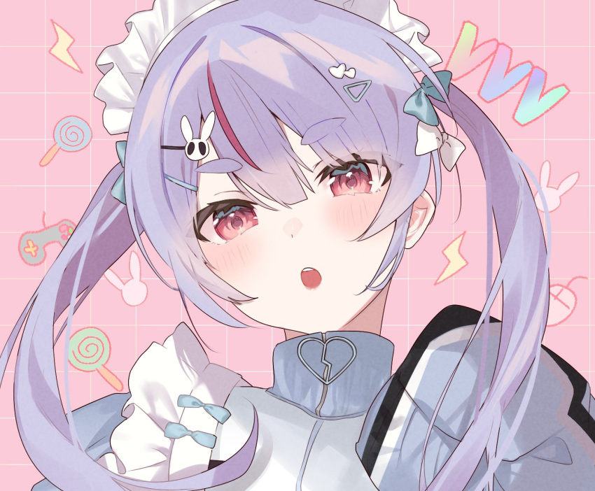 1girl apron blue_bow bow frilled_apron frills hair_bow hair_ornament hairclip highres jacket jersey_maid long_sleeves looking_at_viewer maid maid_headdress multicolored_hair nana_kagura open_mouth pink_hair purple_eyes purple_hair short_eyebrows sleeves_past_fingers sleeves_past_wrists solo streaked_hair thick_eyebrows tosaki_mimi turtleneck turtleneck_jacket twintails two-tone_hair unconventional_maid upper_body virtual_youtuber vspo!