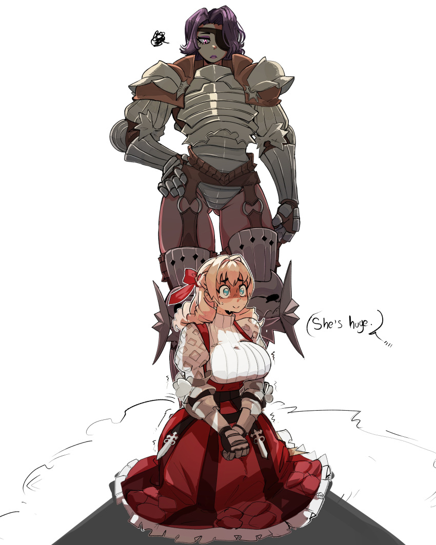2girls absurdres amalia_(unicorn_overlord) armor armored_leotard blonde_hair breasts cupperexe drill_hair eyepatch highres huge_breasts kneeling multiple_girls o-ring_garter_belt partially_shaded_face scarlett_(unicorn_overlord) simple_background speech_bubble standing sweater sweater_under_dress tall_female turtleneck turtleneck_sweater unicorn_overlord