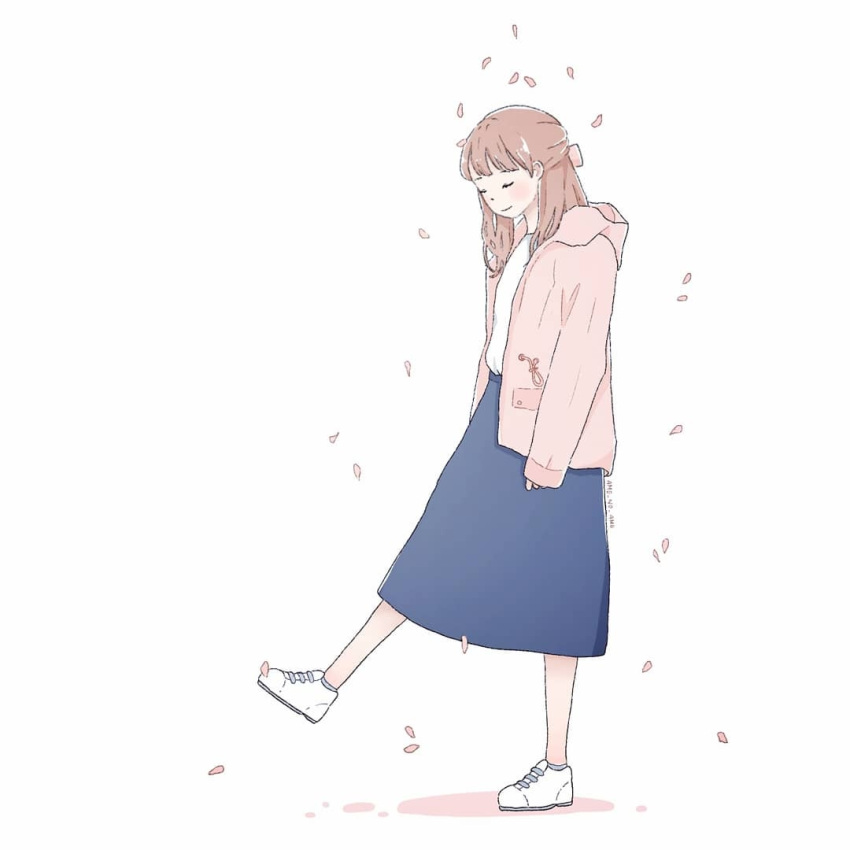 1girl blue_skirt blush brown_hair cherry_blossoms clip_studio_paint_(medium) closed_eyes falling_petals full_body hood hood_down hooded_jacket hoodie jacket long_hair long_sleeves original petals pink_hoodie pink_jacket purinnari shadow shirt shoes signature simple_background skirt smile sneakers solo standing standing_on_one_leg white_background white_footwear white_shirt