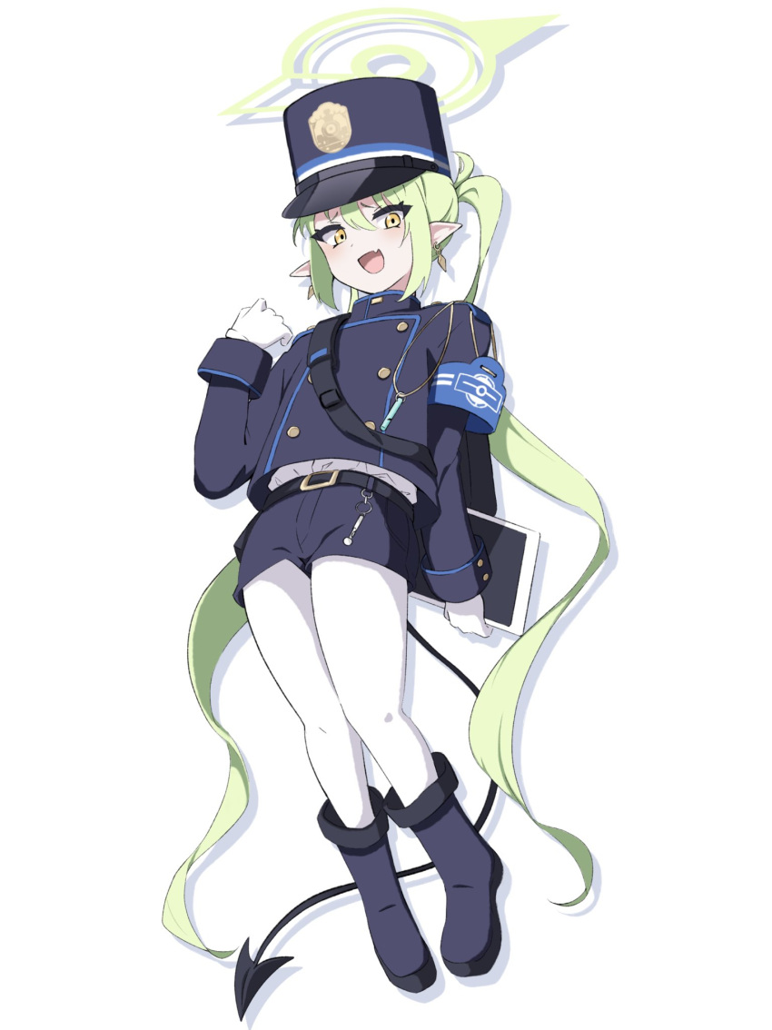 1girl :d armband bag blue_archive blue_armband blue_jacket blue_shorts blush boots buttons demon_tail double-breasted drop_shadow earrings fang full_body gloves green_hair green_halo groin halo hat highlander_twintails_conductor_(blue_archive) highres holding holding_tablet_pc jacket jewelry long_hair long_sleeves looking_at_viewer military_hat pantyhose pointy_ears shirt shirt_tucked_in shorts shoulder_boards sidelocks skin_fang smile solo tablet_pc tail twintails uni_gyoza very_long_hair whistle white_gloves white_pantyhose white_shirt yellow_eyes