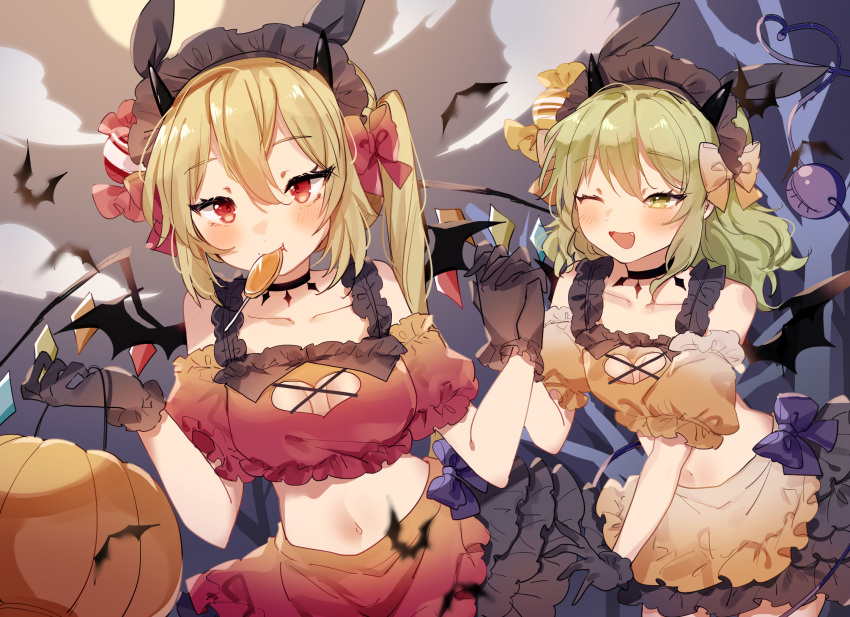 alternate_costume bare_shoulders bat_wings blonde_hair cleavage_cutout clothing_cutout cow demon_horns flandre_scarlet frills from_side green_eyes green_hair highres horns jack-o'-lantern komeiji_koishi medium_hair midriff one_eye_closed outdoors red_eyes red_ribbon ribbon sorani_(kaeru0768) touhou wings yellow_ribbon