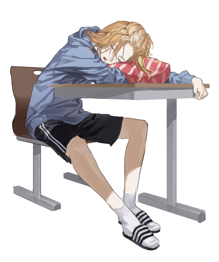 1boy absurdres arm_pillow bangs_pinned_back black_shorts blonde_hair blue_hoodie calf chair chamuring desk from_side full_body head_rest head_tilt highres hood hoodie leaning_forward long_sleeves lower_teeth_only male_focus medium_hair parted_bangs parted_lips saliva sano_manjirou school_desk school_uniform shorts simple_background sitting sleeping slippers socks solo teeth tokyo_revengers white_socks