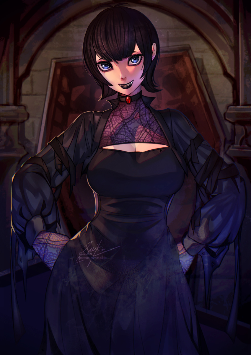 1girl absurdres amulet black_hair blue_eyes coffin fangs highres hotel_transylvania looking_at_viewer mavis_dracula medium_hair solo vampire xuuikie_ashe