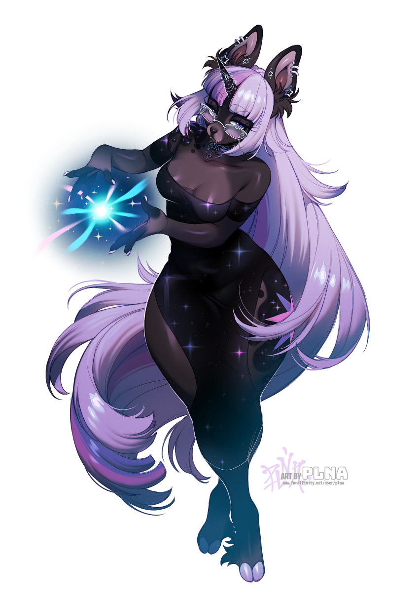 1_horn 5_fingers anthro biped breasts clothed clothing dress ear_piercing eyebrow_through_hair eyebrows eyelashes eyewear fangs female fingers glasses hair hi_res hooves horn long_hair magic mammal piercing plna purple_hair simple_background solo teeth translucent translucent_hair white_background