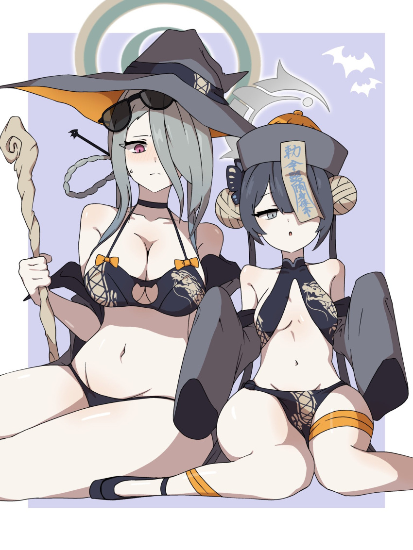 2girls bare_shoulders bat_(animal) bikini black_bikini black_choker black_hair blue_archive blush border braided_hair_rings breasts bun_cover butterfly_hair_ornament cat_cutout choker cleavage clothing_cutout collarbone crotch detached_sleeves double_bun dragon_print eyewear_on_head hair_bun hair_ornament hair_over_one_eye halo halterneck hat highres holding holding_staff kisaki_(blue_archive) large_breasts long_hair mina_(blue_archive) multiple_girls navel ofuda ofuda_on_head outside_border parted_bangs purple_eyes qingdai_guanmao sitting small_breasts small_sweatdrop staff stomach sunglasses swimsuit thigh_strap twintails uni_gyoza very_long_hair wariza white_border witch_hat yokozuwari