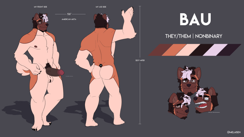 2021 absurd_res akita american_akita anthro arm_tuft artist_name balls bau_(melaisen) beard black_hair body_hair brown_beard brown_body brown_ears brown_eyes brown_face brown_facial_hair brown_fur brown_nipples brown_nose brown_penis brown_pubes butt canid canine canis color_swatch countershading darkened_genitalia darkened_penis digital_media_(artwork) domestic_dog elbow_tuft facial_hair full-length_portrait fur genitals glans grey_background hair hairy_balls half-erect headshot_portrait hi_res male mammal melaisen model_sheet multicolored_hair nipples nonbinary_(lore) open_mouth orange_body orange_fur penis pink_hair portrait pubes pupils raised_arm red_glans red_tongue shadow simple_background smile spitz standing tan_balls tan_body tan_butt tan_countershading tan_fur three-quarter_view tongue tuft two_tone_hair white_pupils