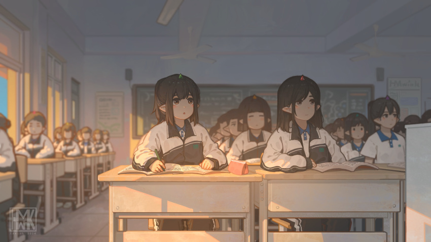 :o black_hair building chair chalkboard chinese_clothes classroom closed_eyes desk elf highres hua_ming_wink indoors long_pointy_ears multiple_girls on_chair on_desk open_mouth original pointy_ears school school_chair school_desk school_uniform shirt sitting sunlight translation_request uniform white_shirt window