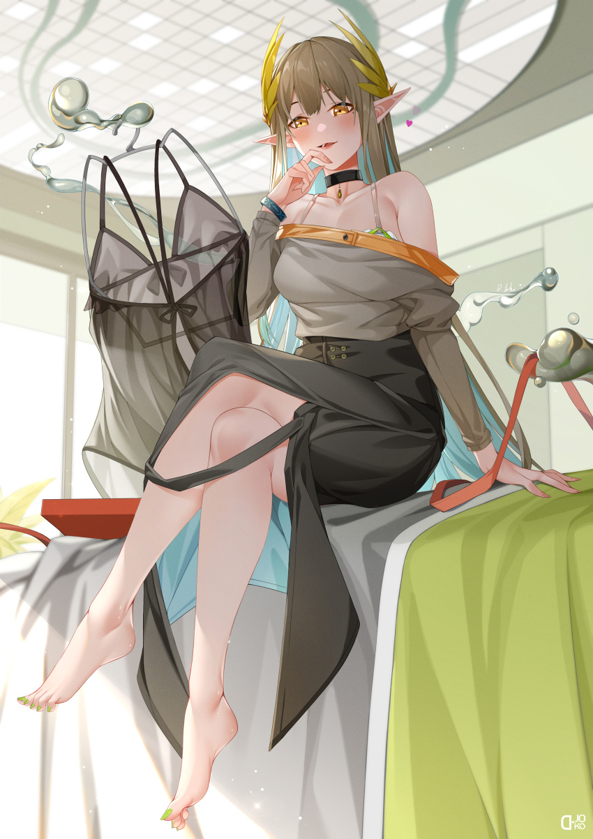 1girl absurdres arknights bare_shoulders barefoot black_choker black_skirt bra_strap choker commentary_request crossed_legs d._joko grey_hair grey_shirt highres indoors long_hair long_sleeves looking_at_viewer muelsyse_(arknights) off-shoulder_shirt off_shoulder parted_lips pointy_ears shirt sitting skirt smile solo very_long_hair yellow_eyes