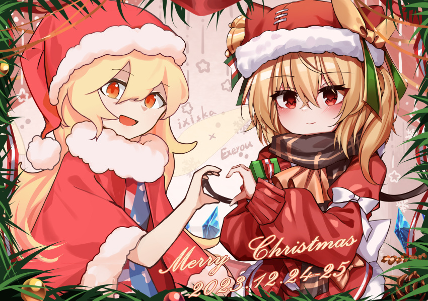 2girls absurdres ascot blonde_hair christmas clownpiece cowboy_shot dated flandre_scarlet fur_trim hat heart heart_hands highres medium_hair merry_christmas multiple_girls open_mouth red_eyes santa_costume santa_hat scarf side_ponytail top-exerou touhou yellow_ascot