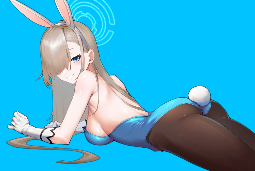 1girl absurdres animal_ears ass asuna_(blue_archive) backless_leotard bare_shoulders blue_archive blue_eyes blue_leotard blush bow breasts cleavage fake_animal_ears fake_tail fishnets ghosty_(xiaobai) gloves hair_over_one_eye halo highleg highleg_leotard highres large_breasts leotard light_brown_hair long_hair looking_at_viewer looking_back official_alternate_costume pantyhose playboy_bunny rabbit_ears rabbit_tail simple_background smile solo strapless strapless_leotard tail white_gloves