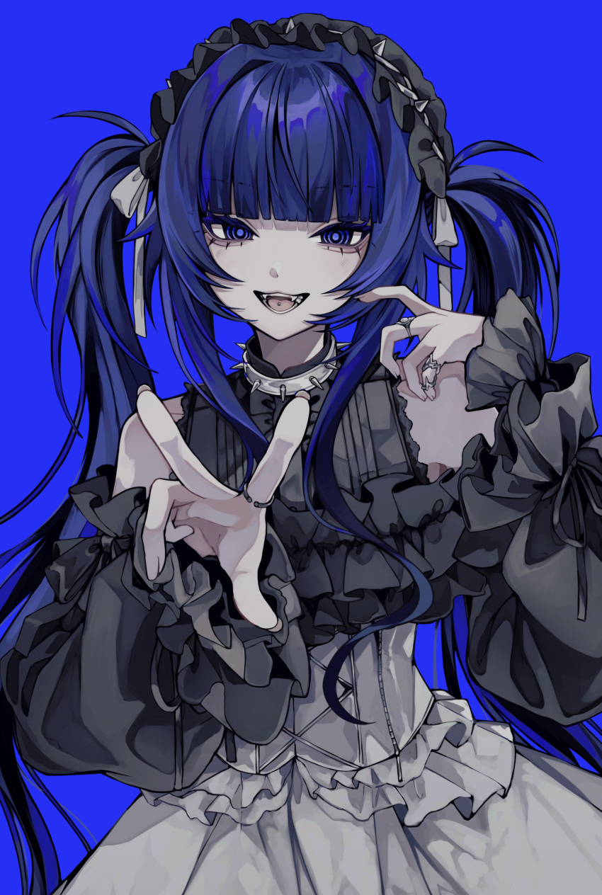 1girl 402_(o0_xxx) absurdres black_dress blue_background blue_eyes blue_hair blue_theme choker clothing_cutout corset dress eyelashes fangs frills gothic_lolita hair_ribbon highres jewelry lolita_fashion long_sleeves maid_headdress multiple_rings open_mouth original piercing ribbon ring shoulder_cutout solo spiked_choker spikes tongue_piercing twintails two-tone_dress v white_choker white_corset white_dress white_ribbon