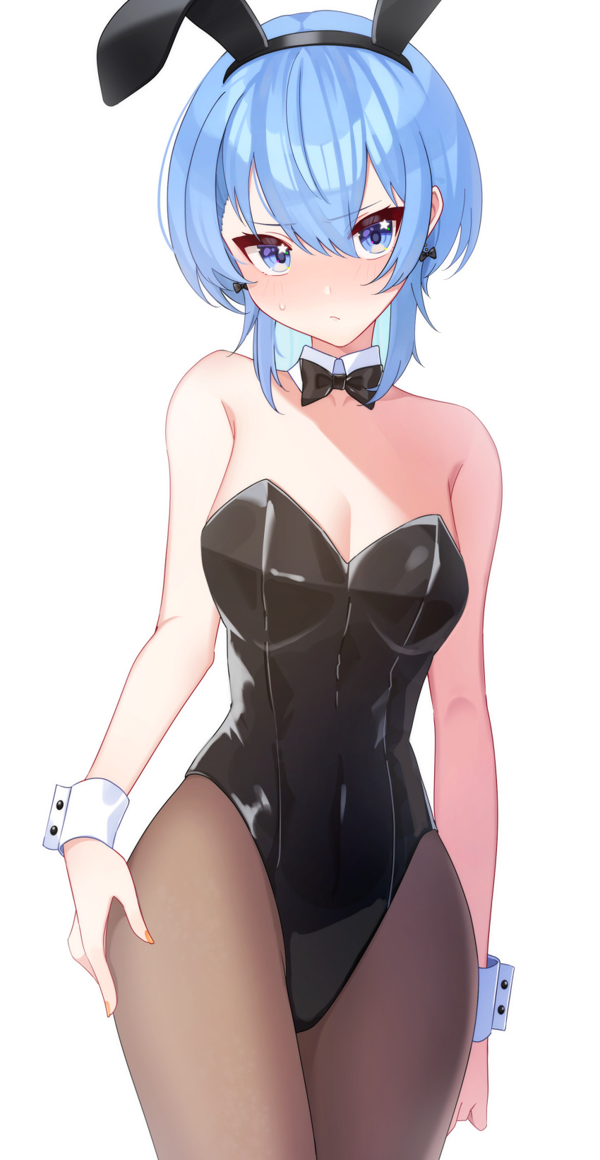 1girl absurdres alternate_costume animal_ears black_bow black_bowtie black_leotard black_pantyhose blue_eyes blue_hair blush bow bow_earrings bowtie breasts cleavage collar detached_collar earrings fake_animal_ears highres hololive hoshimachi_suisei jewelry leotard looking_at_viewer medium_hair pantyhose playboy_bunny rabbit_ears small_breasts solo star_(symbol) star_in_eye strapless strapless_leotard symbol_in_eye tsumurimai virtual_youtuber white_background white_collar white_wrist_cuffs wrist_cuffs