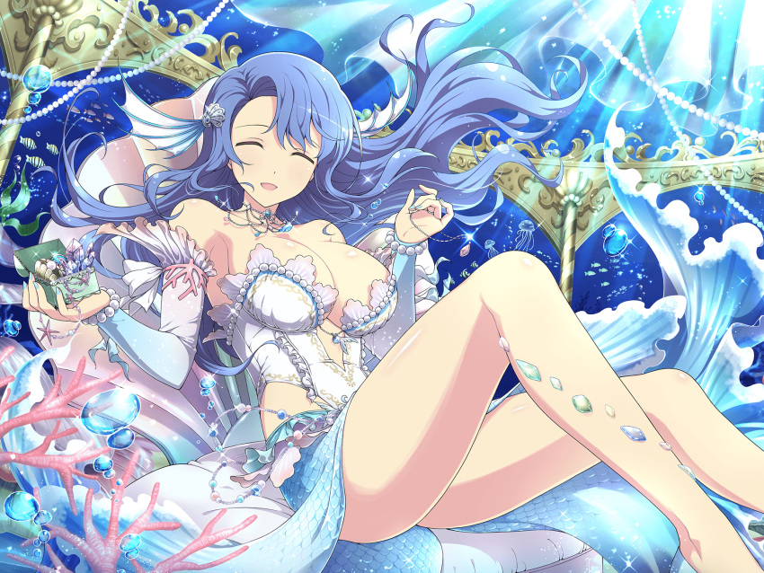 1girl ^_^ air_bubble animal bare_shoulders blonde_hair blue_hair blush bracelet breasts bubble butterflyfish cleavage closed_eyes coral detached_sleeves dress fins fish gradient_clothes hair_ornament highres holding jellyfish jewelry large_breasts long_hair nachi_(senran_kagura) necklace official_art open_mouth page_number pearl_bracelet pearl_necklace pendant pillar school_of_fish seashell seaweed senran_kagura senran_kagura_new_link senran_kagura_new_wave shell shiny_skin sitting smile solo submerged swimming swimsuit thighs treasure_chest tropical_fish underwater yaegashi_nan