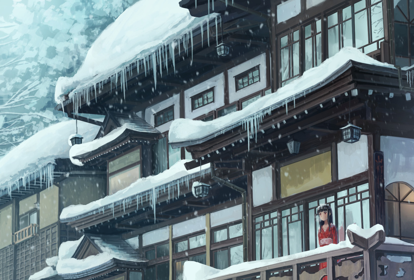 architecture arms_at_sides balcony bangs black_hair blunt_bangs east_asian_architecture icicle japanese_clothes kimono lantern long_hair looking_afar looking_away original outdoors railing red_eyes red_kimono sash scenery snow snowing solo somei_yoshinori tree tree_branch window winter
