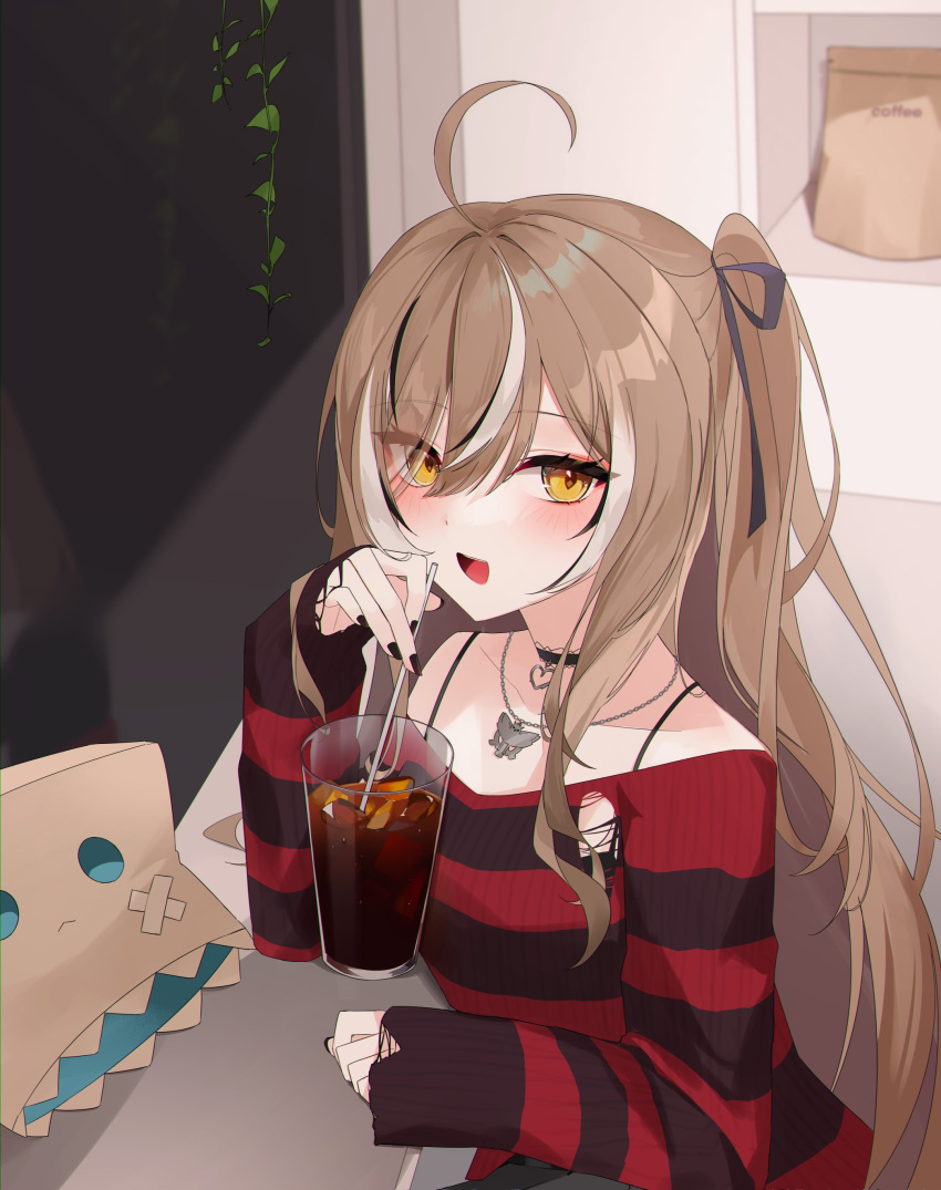 1girl absurdres ahoge black_nails black_sweater brown_eyes brown_hair chain_necklace choker coffee drinking_straw emo_fashion friend_(nanashi_mumei) glass hair_over_one_eye heart heart_choker highres hololive hololive_english huge_ahoge iced_coffee indoors jewelry long_hair looking_at_viewer multicolored_hair nanashi_mumei nanashi_mumei_(emo) necklace one_side_up red_sweater siami spaghetti_strap streaked_hair striped_clothes striped_sweater sweater torn_clothes torn_sweater two-tone_sweater very_long_hair virtual_youtuber window