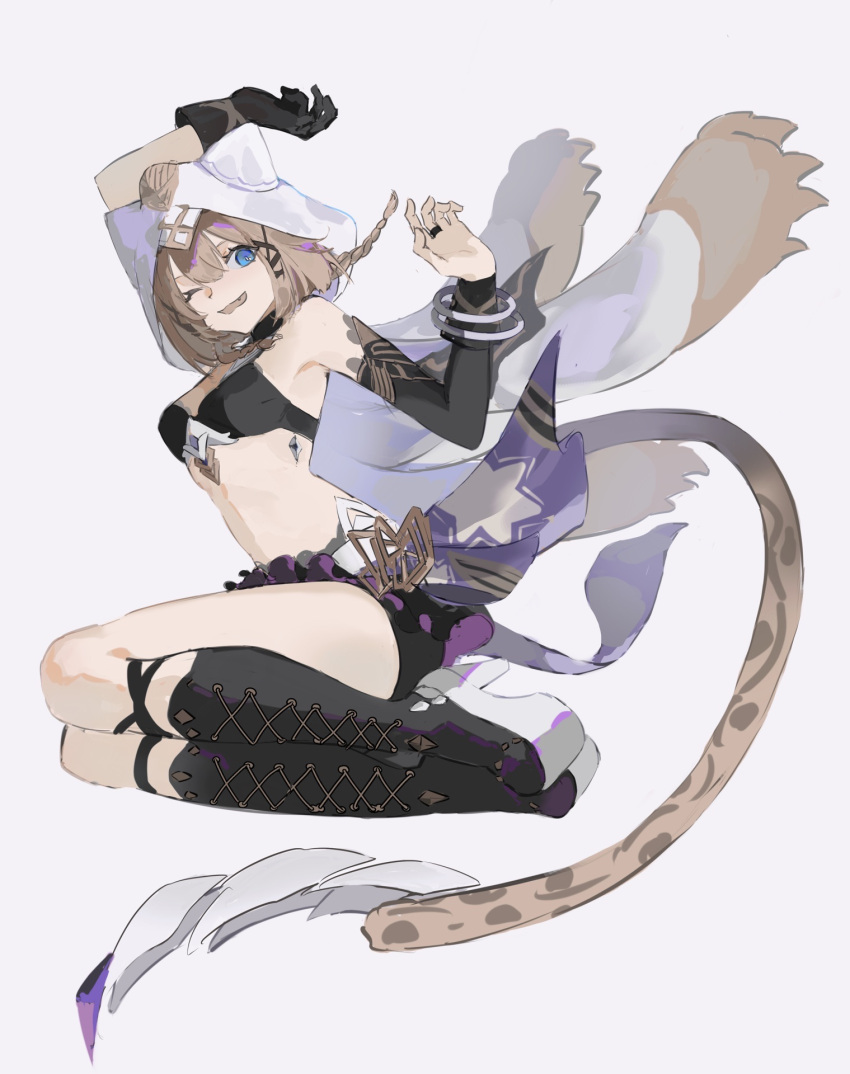 1girl aco_gbfg animal_ear_hood arm_up bike_shorts black_gloves blue_eyes boots braid breasts brown_hair cape cat_tail cross-laced_footwear detached_sleeves double-parted_bangs fang floating_clothes floating_hair full_body gloves high_heel_boots high_heels highres honkai_(series) honkai_impact_3rd hood hooded_cape jewelry knee_boots knees_up medium_hair midriff pardofelis_(honkai_impact) ring single_detached_sleeve single_glove solo tail twin_braids wings